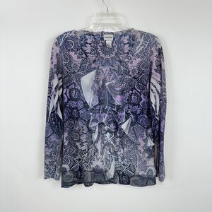 Chicos Boho Rhinestone Ruffle Fairy Top 2 L Purple Floral Whimsy Romantic